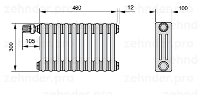 Схема (чертеж) Радиатор Zehnder Charleston 3030/10 №V012 Белый глянцевый RAL 9016
